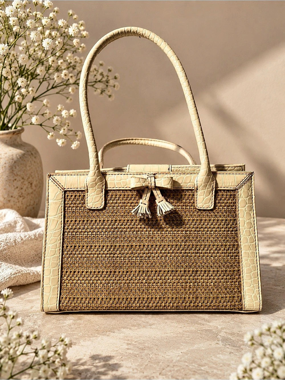 Liz Claiborne Y2K Woven Straw Tote Bag Cream Croc Embossed Handbag
